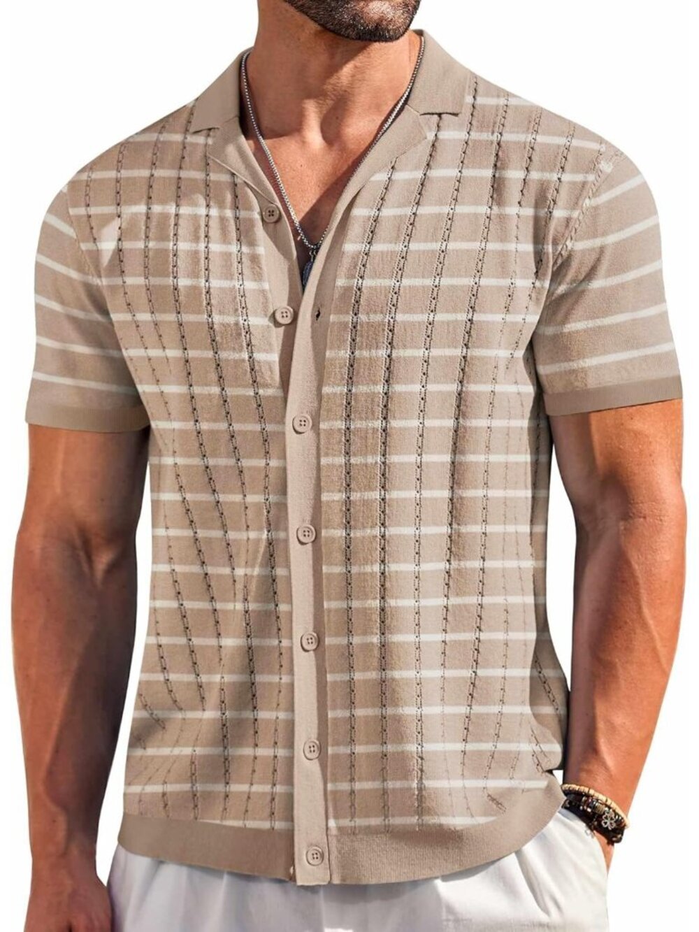 Men's Tz389 Short Sleeve Knit Casual Button Down Vintage Striped Top Shirt